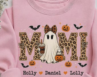 Personalized Halloween Mom shirt, Custom Kids Names Ghost Crewneck, Leopard Mama Shirt, Spooky Season Mom Gift
