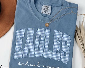 Custom School Spirit Shirt, Personalized Mascot Tee, Eagles School Shirt, Gingham College Shirt, Game Day Tee, Preppy