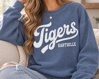 Personalized School Spirit Shirt - Sweatshirt, Custom Team Mascot Shirt, Retro Tigers Sweatshirt, Varsity School Name Crewneck, Game Day Gif