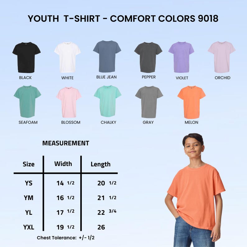 May include: A Comfort Colors 9018 youth t-shirt color chart displaying eleven options: black, white, blue jean, pepper, violet, orchid, seafoam, blossom, chalky, gray, and melon. A measurement table lists sizes YS to YXL with widths and lengths in inches.