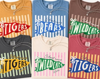 Custom Personalized School Mascot Shirt, Striped Team Spirit Tee, Teacher Gift, Comfort Colors, Custom School Name, Game Day Shirt