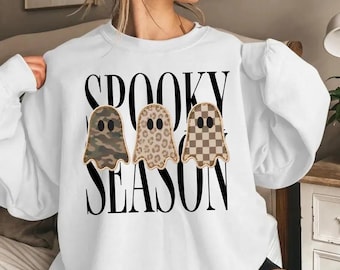 Spooky Season Shirt, Halloween Ghost Sweatshirt, Camo Leopard Checker Ghost Tee, Cute Fall Hoodie, Trendy Halloween Gift
