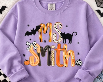 Personalized Halloween Teacher Sweatshirt, Custom Teacher Name Crewneck, Spooky Teacher Shirt, Halloween School Gift, Fall Teacher Top