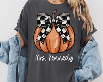 Personalized Fall Teacher Shirt, Custom Name Pumpkin Bow Tee, Comfort Colors Teacher T-Shirt, Autumn Teacher Gift, Pumpkin Shirt