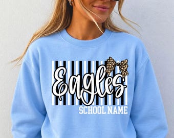 Custom School Mascot Sweatshirt, Personalized Team Spirit Crewneck, Leopard Bow School Name Sweater, Teacher Game Day Gift