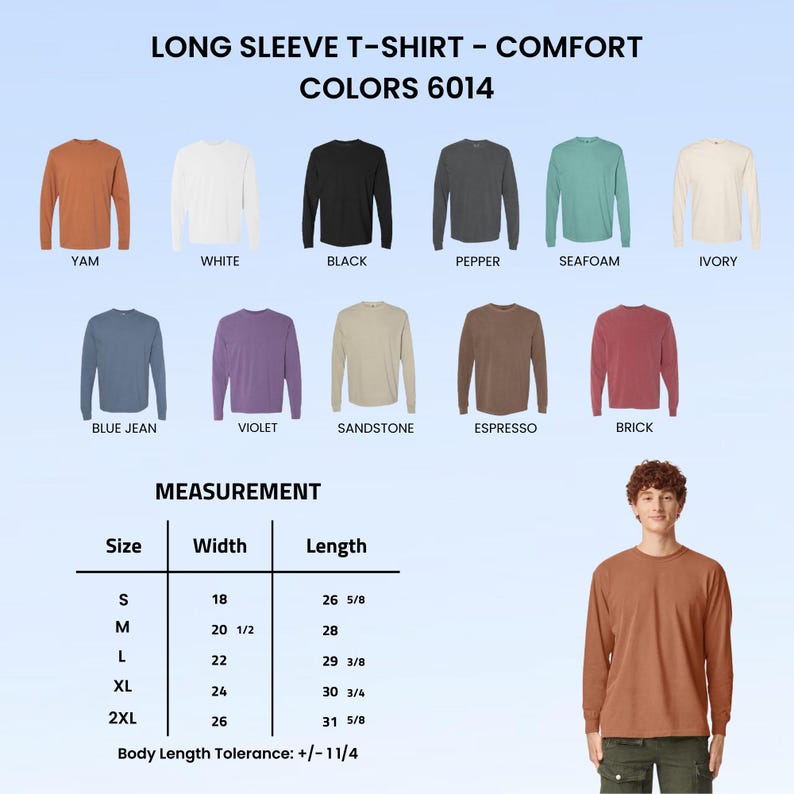 May include: A collection of long sleeve t-shirts in eleven colors including yam, white, black, pepper, seafoam, ivory, blue jean, violet, sandstone, espresso, and brick. A size chart displays width and length measurements in inches for sizes S to 2XL.