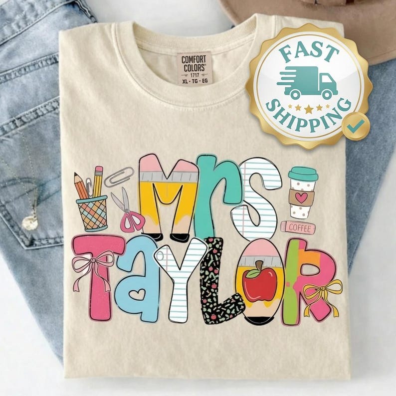 Personalized Teacher Shirt, Custom Name Teacher Tee, Mrs Teacher Shirt, Cute Teacher Gift, Back To School Shirt, Kindergarten Teacher Tee image 1