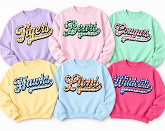 Custom Mascot Sweatshirt, Personalized School Spirit Crewneck, Gingham Team Name Sweatshirt, Retro Sports Mom Teacher Gift