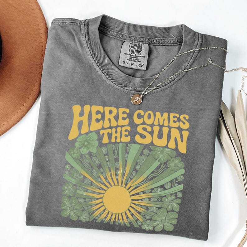 Comfort Colors Here Comes The Sun Shirt, Retro Sun Graphic Tee, Vintage Hippie Sun Shirt, Boho Summer Sunshine Shirt, Retro Flower Sun Tee image 3