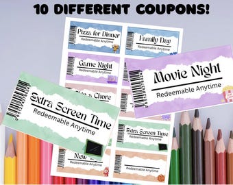 Kids Reward Coupons  | Printable Classroom Incentives | Positive Reinforcement Tool for Parents | Customizable Rewards | 10 coupons