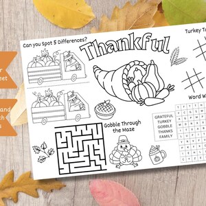 Afdrukbare Thanksgiving-activiteitenplacemat voor kinderen | Kleur- en puzzelplezier | Vakantie kinderplacemat | Thanksgiving in de klas of met het gezin