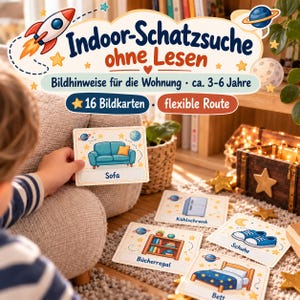 以下が含まれることがあります： Indoor-Schatzsuche ohne Lesenと題された室内宝探し用の16枚のイラストカードセット。カードには、ソファ、冷蔵庫、本棚、靴、ベッドなどの家庭用品のカラフルな絵が描かれており、星や惑星のモチーフで装飾されています。