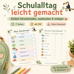 Puede incluir: Un conjunto digital imprimible con dos páginas PDF A4 que contienen listas de verificación para la rutina escolar y la mochila en alemán. Las páginas incluyen iconos coloridos, una ilustración de un tucán y texto como Schulalltag leicht gemacht.