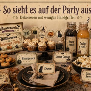 Puede incluir: Un set de decoración para fiesta de Halloween con un letrero enmarcado, adornos para cupcakes, etiquetas de comida y etiquetas para botellas con ilustraciones vintage de calabazas, gatos y fantasmas. El texto incluye "Willkommen zur Halloween-Party," "Hexenpunsch," "Zaubertrank," "Geisterwasser," "Spinnen-Cupcakes," "Geister-Brezeln," "Süßes & Saures," y "Emma."