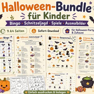 Puede incluir: Un paquete digital de Halloween para niños que incluye hojas de actividades imprimibles con bingo, búsqueda del tesoro, juegos de conteo y dibujos para colorear. El diseño presenta ilustraciones de calabazas, fantasmas, murciélagos y gatos.