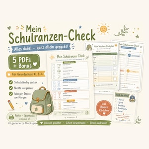 Może przedstawiać: Cyfrowy zestaw list kontrolnych do druku dla plecaków szkolnych z tekstem Mein Schulranzen-Check, Mein Wochen-Packplan oraz Hast du alles. Zestaw zawiera wiele list z ikonami książek, sprzętu sportowego i jedzenia, z ilustracją zielonego plecaka.