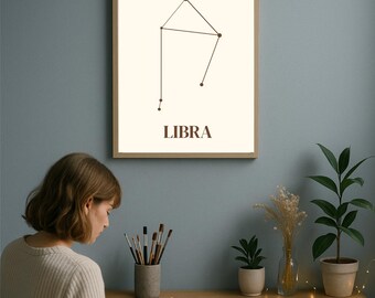 Arte de parede imprimível da constelação de Libra • Pôster do signo de Ar do Zodíaco • Decoração astrológica celestial • Download instantâneo
