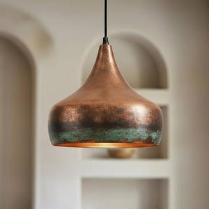 Oxidized Copper Pendant Light, Handmade Green Patina Ceiling Lamp for Kitchen Island