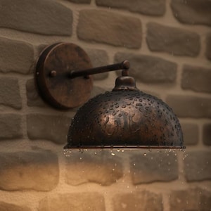 May include: A bronze outdoor wall-mounted light fitting with a domed shade. The fitting is mounted on a brick wall and is covered in water droplets, suggesting rain. The light is a classic design.