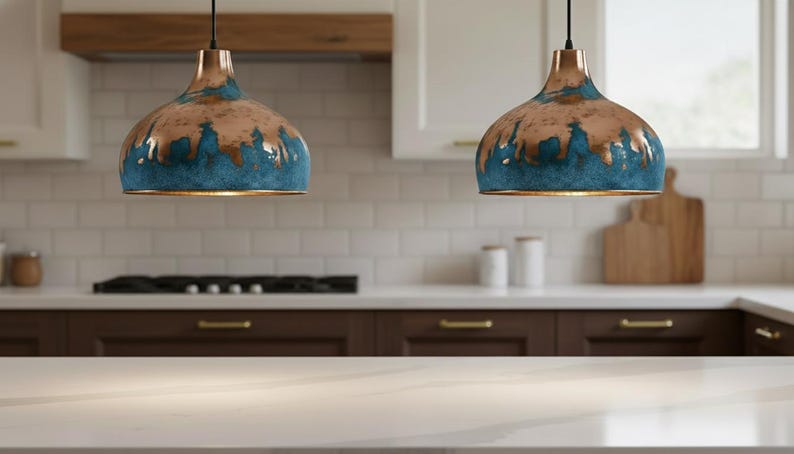 May include: Two pendant lights with copper-colored tops and teal blue bottoms hang in a kitchen. The lights are suspended above a white countertop and dark brown cabinets. The kitchen has white tile and a wooden range hood.