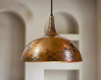 Koperen gehamerde lamp, rustieke hanglamp uit het midden van de eeuw, hanglamp lichtkoepel, vintage industriële verlichting