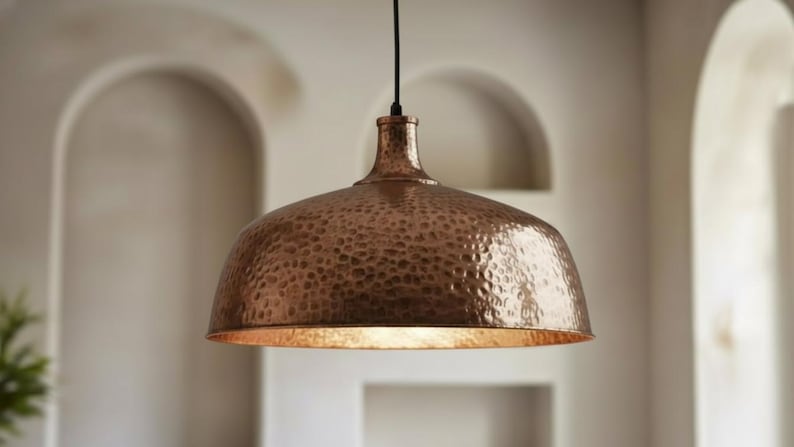 Koperen bollamp, rustieke hanglamp, gehamerde hanglamp, keukeneilandverlichting afbeelding 1