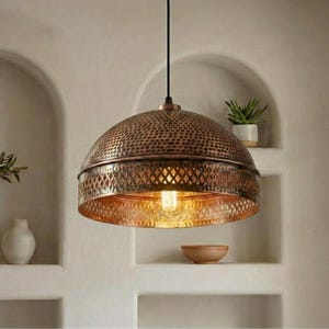Hand Hammered Copper Dome Pendant Light, Industrial Hanging Lamp, Rustic Kitchen Fixture