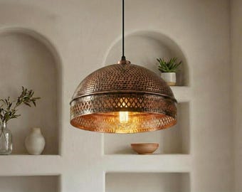 Handgehamerde koperen koepelhanglamp, industriële hanglamp, rustiek keukenarmatuur