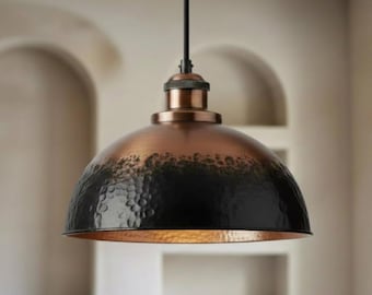 Koperen koepellamp, rustieke hanglamp, hanglamparmatuur, gehamerd zwarte keukeneilandverlichting