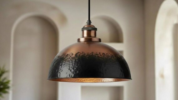 Copper Dome Lamp, Rustic Hanging Lamp, Pendant Light Fixture, Hammered Black Kitchen Island Lighting