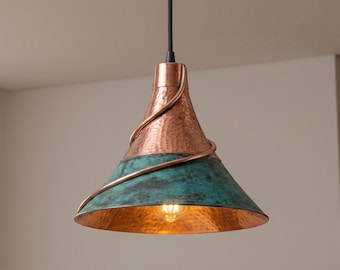 Lampada a sospensione in rame martellato a mano, lampada a sospensione verderame, lampada da soffitto boho