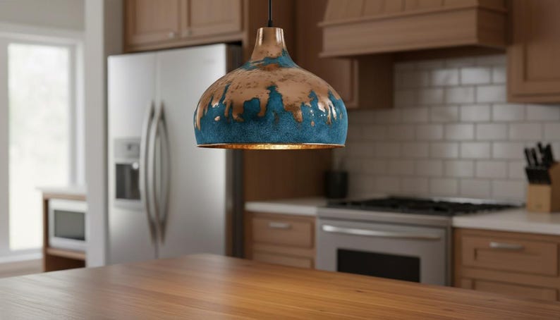 May include: A pendant light fixture with a brown and blue glazed finish hangs in a kitchen. The light has a dome shape with a gold interior. The kitchen features wooden cabinets, a stainless steel refrigerator, and a wooden countertop.