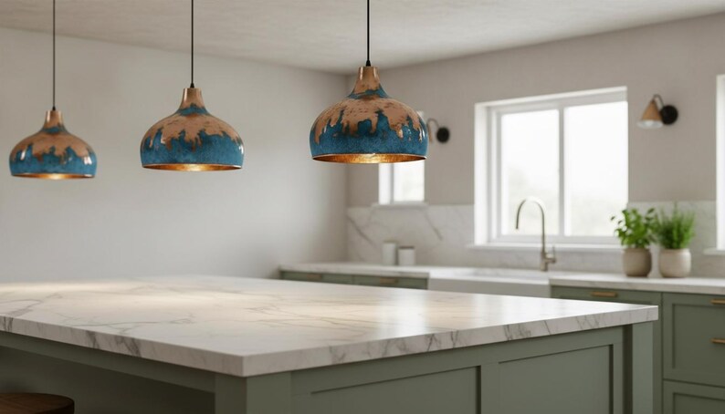May include: Three pendant lights with a blue and brown finish hang above a kitchen island. The lights have a metallic gold interior. The kitchen features a marble countertop and green cabinets. A window and plants are visible in the background.