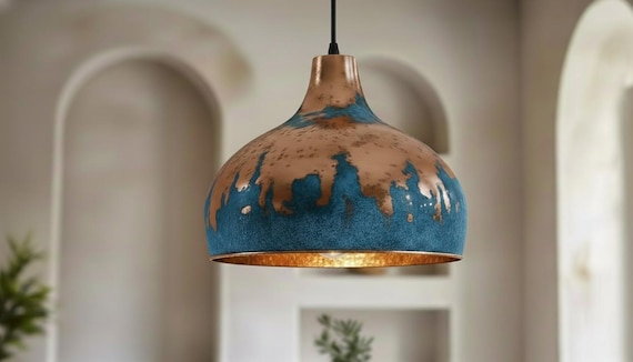 Patina Blue Copper Lamp, Hanging Lamp, Pendant Dome Light, Industrial Ceiling Light