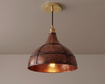 Lampada a sospensione in rame realizzata a mano, lampada industriale martellata, illuminazione per isola cucina.