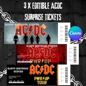 May include: Three editable ACDC surprise tickets. Each ticket features the band's logo and the text "Happy Birthday Steven." The tickets include details like the date, time, and seat information. The background is dark with chain accents.