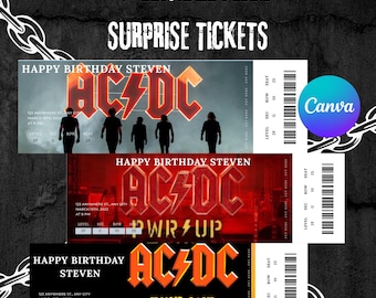 AC/DC Fake Concert Tickets – Set of 3 Editable Canva Templates – Printable Surprise Gift Reveal – Instant Download – Customizable Ticket