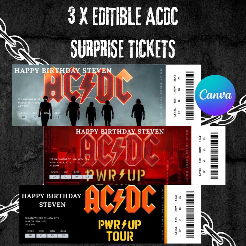 AC/DC Fake Concert Tickets – Set of 3 Editable Canva Templates ...