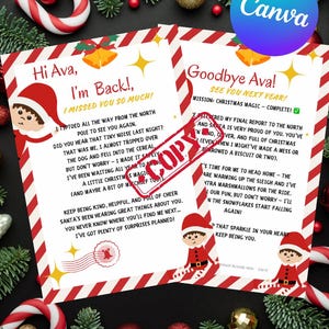 May include: Two Christmas letters with red and white striped borders, featuring elf illustrations and festive decorations. The letters contain handwritten text with a holiday theme, including the words "Hi Ava" and "Goodbye Ava."