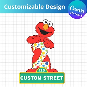 Cumpleaños de Barrio Sésamo, camiseta de cumpleaños de Barrio Sésamo, letrero de calle PNG personalizable, adorno para tarta de Barrio Sésamo (editable en Canva)