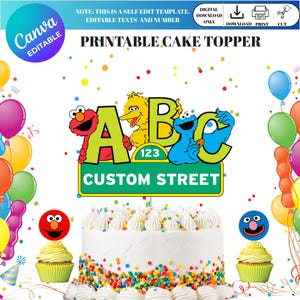 セサミストリートの誕生日、セサミストリートの誕生日Tシャツ、カスタマイズ可能なデザインのストリートサイン、セサミストリートのケーキトッパー（Canvaで編集可能）