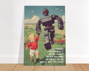 AI Friends Fine Art Poster | Vintage Robot Child Print, Digital Age Decor