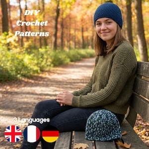 May include: A dark blue crochet beanie worn on the head and a multi-colored blue and green crochet beanie resting on a wooden bench. The text "DIY Crochet Patterns" and "3 Languages" is visible along with icons of the UK, French, and German flags.