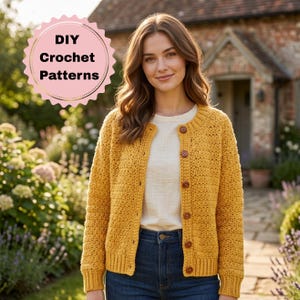 May include: A mustard yellow long-sleeve crochet cardigan with a round neckline and six brown buttons down the front. A pink scalloped badge in the upper left corner features the black text DIY Crochet Patterns.
