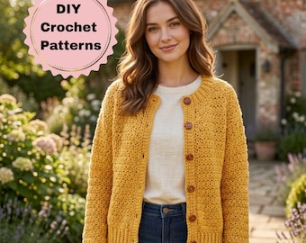 Adult Crochet Cardigan Pattern Crew Neck Sweater Suzette Stitch Pattern Easy Crochet Cardigan Beginner Friendly Sweater Pattern(SizesXS-5XL)