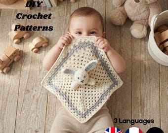 Crochet Baby Blanket Pattern Bunny Lovey Pattern Easy Infant Rabbit Security Blanket PDF DIY Textured Animal Snuggler Tutorial Baby Gift