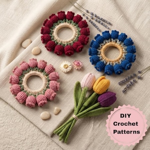 May include: Three circular crochet wreaths featuring small red, blue, and pink tulip-shaped flowers, alongside a small bouquet of three crocheted tulips in pink, yellow, and purple with green stems and leaves, with text reading DIY Crochet Patterns.