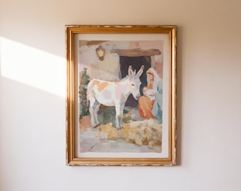 Arte em aquarela para impressão da cena da Natividade | Maria, José e Jesus no Natal | Arte cristã para parede | Download digital para decoração de Natal