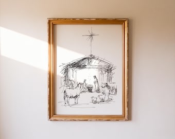 Impressão artística minimalista de presépio | Imprimível de Natal com Maria José e Jesus | Arte de parede cristã | Download digital de decoração para festas