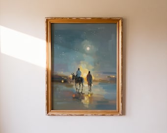 Arte de parede cristã da Estrela de Belém | Pôster com pintura bíblica da Jornada de Maria e José, decoração de Natal para impressão, download de belas artes